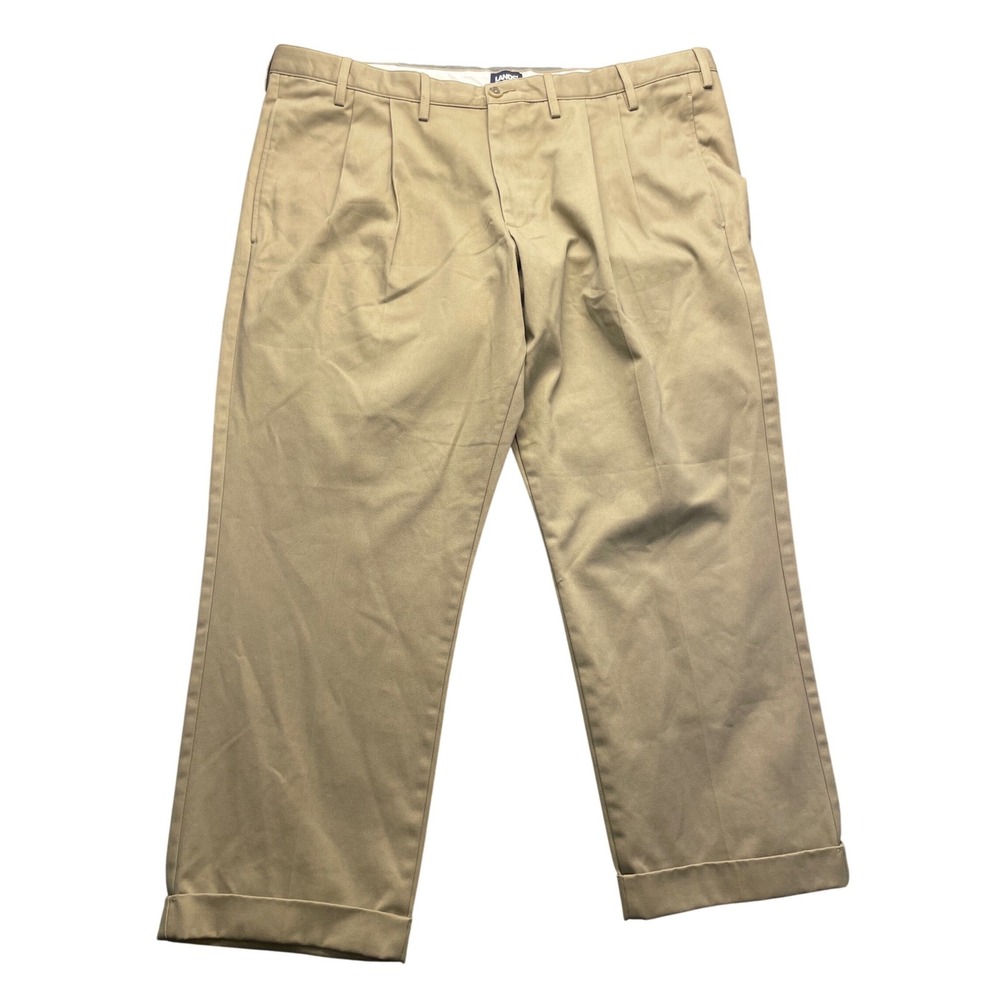 Lands' End Men Pleated Chino Pants 100% Cotton 44/T Khaki Traditional Fit Cuffed